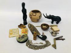 BOX OF ASSORTED COLLECTABLE'S TO INCLUDE PIPE, HARDWOOD FIGURES, SEAL/STAMP SOAP STONE,