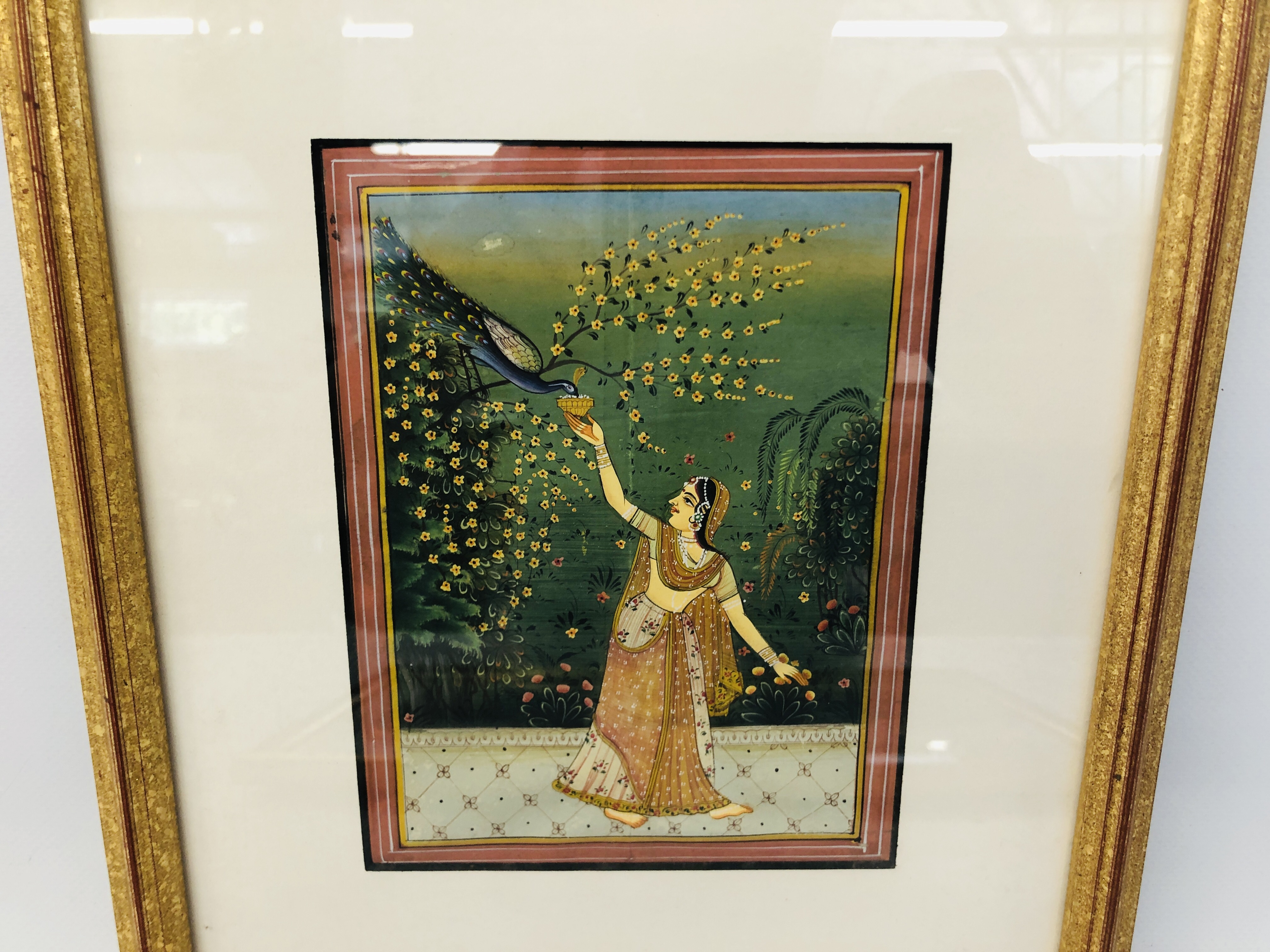 FRAMED INDIAN SCHOOL MUGHAL H 17CM X W 13CM WITH A PAIR OF FRAMED CHINESE HANDPAINTED SILKS "EXOTIC - Image 3 of 9