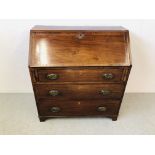 MAHOGANY THREE DRAWER WRITING BUREAU WITH WELL FITTED INTERIOR W 91CM, D 46CM,