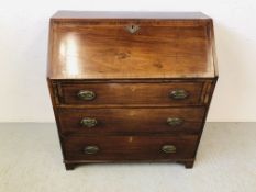 MAHOGANY THREE DRAWER WRITING BUREAU WITH WELL FITTED INTERIOR W 91CM, D 46CM,