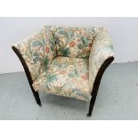 EDWARDIAN STYLE ARMCHAIR UPHOLSTERED IN A FOLIAGE DESIGN FABRIC