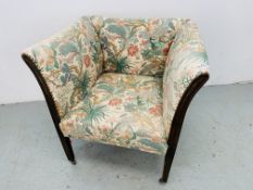 EDWARDIAN STYLE ARMCHAIR UPHOLSTERED IN A FOLIAGE DESIGN FABRIC