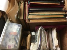 BOX WITH STAMP COLLECTIONS IN TEN ALBUMS AND LOOSE, USA, HUNGARY,