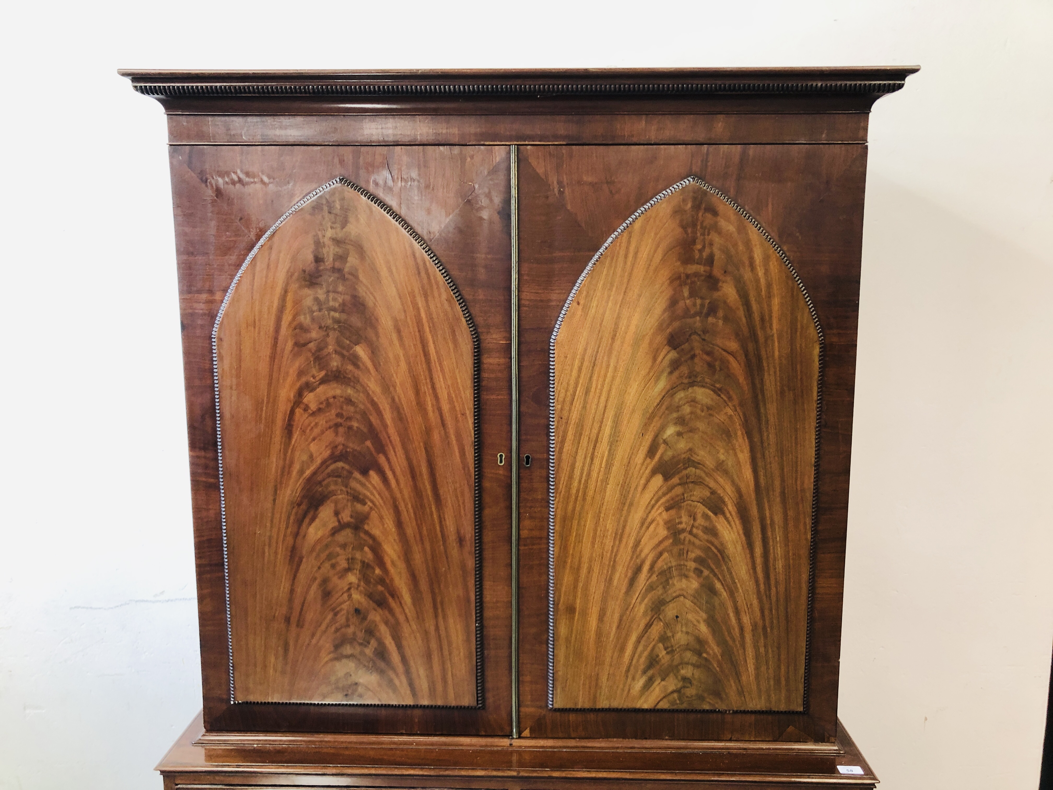 VICTORIAN MAHOGANY LINEN PRESS WITH TURNED HANDLES, BEADED DETAIL TO DOORS W 124CM, D 56CM, - Image 2 of 12