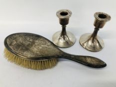 PAIR OF SILVER SQUAT CANDLESTICKS BIRMINGHAM ASSAY (REQUIRE ATTENTION) ALONG WITH A SILVER BACKED