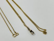 FINE CHAIN MARKED 9CT ALONG WITH A FURTHER YELLOW METAL CHAIN (NO VISIBLE HALLMARKS) L 104CM