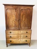 EDWARDIAN FLAME MAHOGANY 3 DRAWER LINEN PRESS, BRASS HANDLES H 203CM, D 52CM,