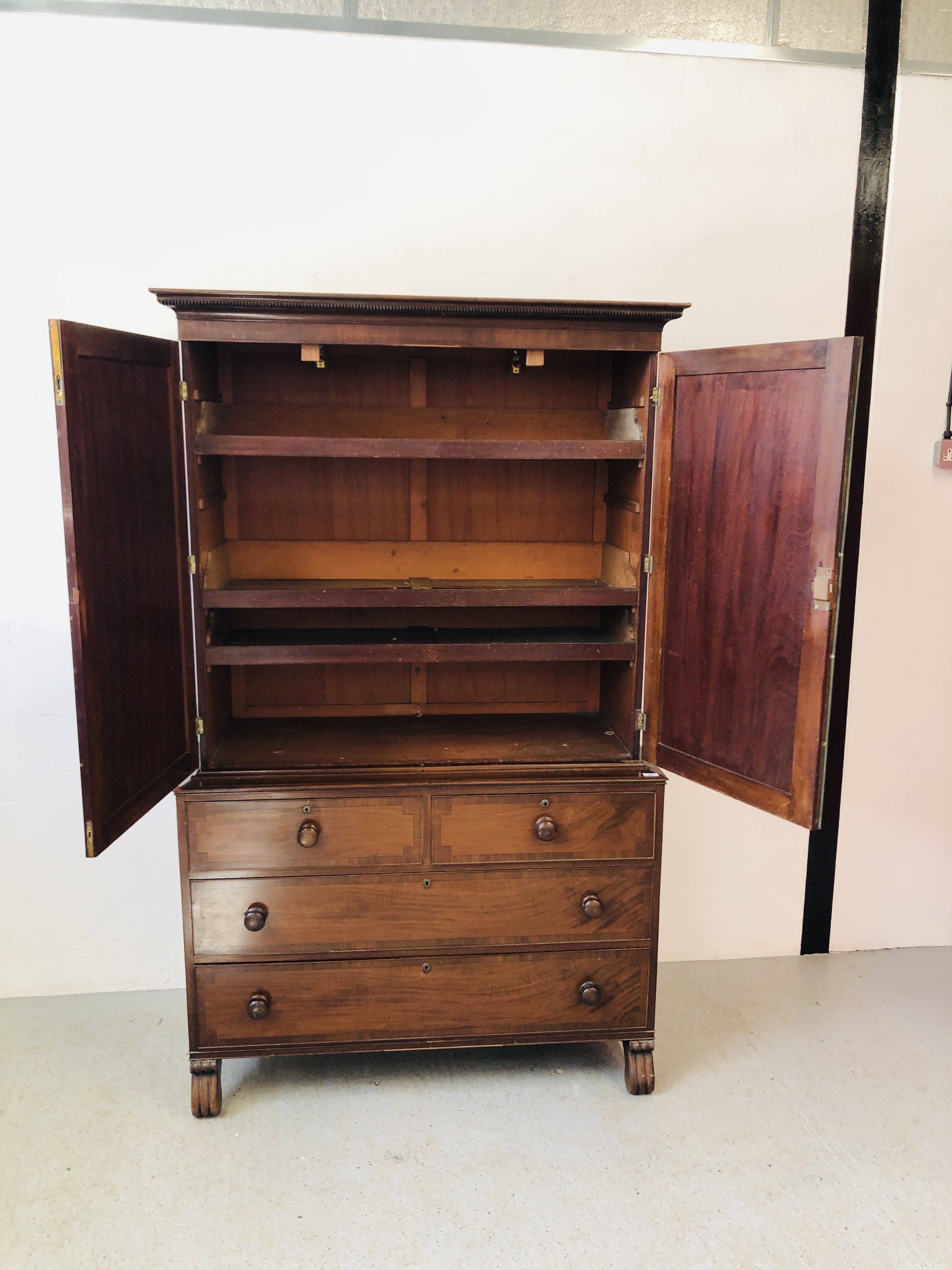 VICTORIAN MAHOGANY LINEN PRESS WITH TURNED HANDLES, BEADED DETAIL TO DOORS W 124CM, D 56CM, - Image 11 of 12