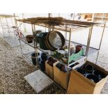 COLLECTION OF ASSORTED MAINLY PLASTIC GARDEN POTS, WIRE BASKETS, GALVANISED BUCKET,