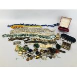 BOX OF ASSORTED COSTUME JEWELLERY TO INCLUDE BEADS, ARTS AND CRAFTS STYLE BROOCH, POCKET KNIFE,