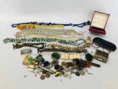 BOX OF ASSORTED COSTUME JEWELLERY TO INCLUDE BEADS, ARTS AND CRAFTS STYLE BROOCH, POCKET KNIFE,