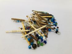 COLLECTION OF VINTAGE WOOD AND BONE LACE BOBBINS, WITH SPANGLES,