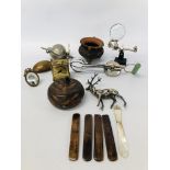 BOX OF ASSORTED COLLECTABLE'S TO INCLUDE BRASS TRAVEL CLOCK, MOULD, VINTAGE COTTON REEL HOLDER,