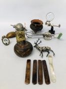 BOX OF ASSORTED COLLECTABLE'S TO INCLUDE BRASS TRAVEL CLOCK, MOULD, VINTAGE COTTON REEL HOLDER,