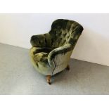 EDWARDIAN BUTTON BACK EASY CHAIR UPHOLSTERED IN GREEN VELVET