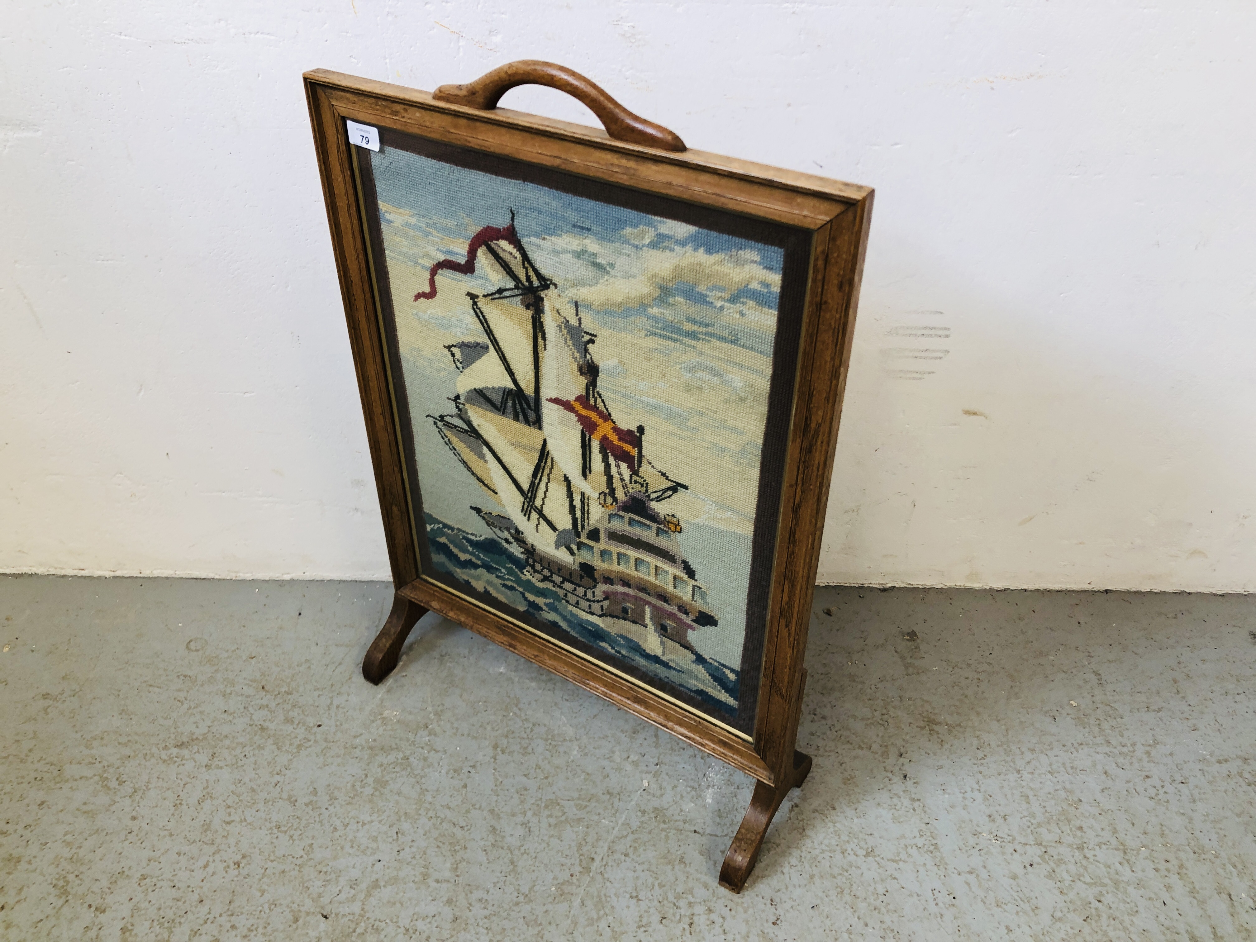 AN OAK FIRE SCREEN WITH NEEDLEWORK INSET, - Image 8 of 8