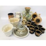 COLLECTION OF STUDIO POTTERY TO INCLUDE AN ITALIAN 3 HANDLED VASE H 32CM ALONG WITH 9 COFFEE CUPS,