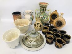 COLLECTION OF STUDIO POTTERY TO INCLUDE AN ITALIAN 3 HANDLED VASE H 32CM ALONG WITH 9 COFFEE CUPS,