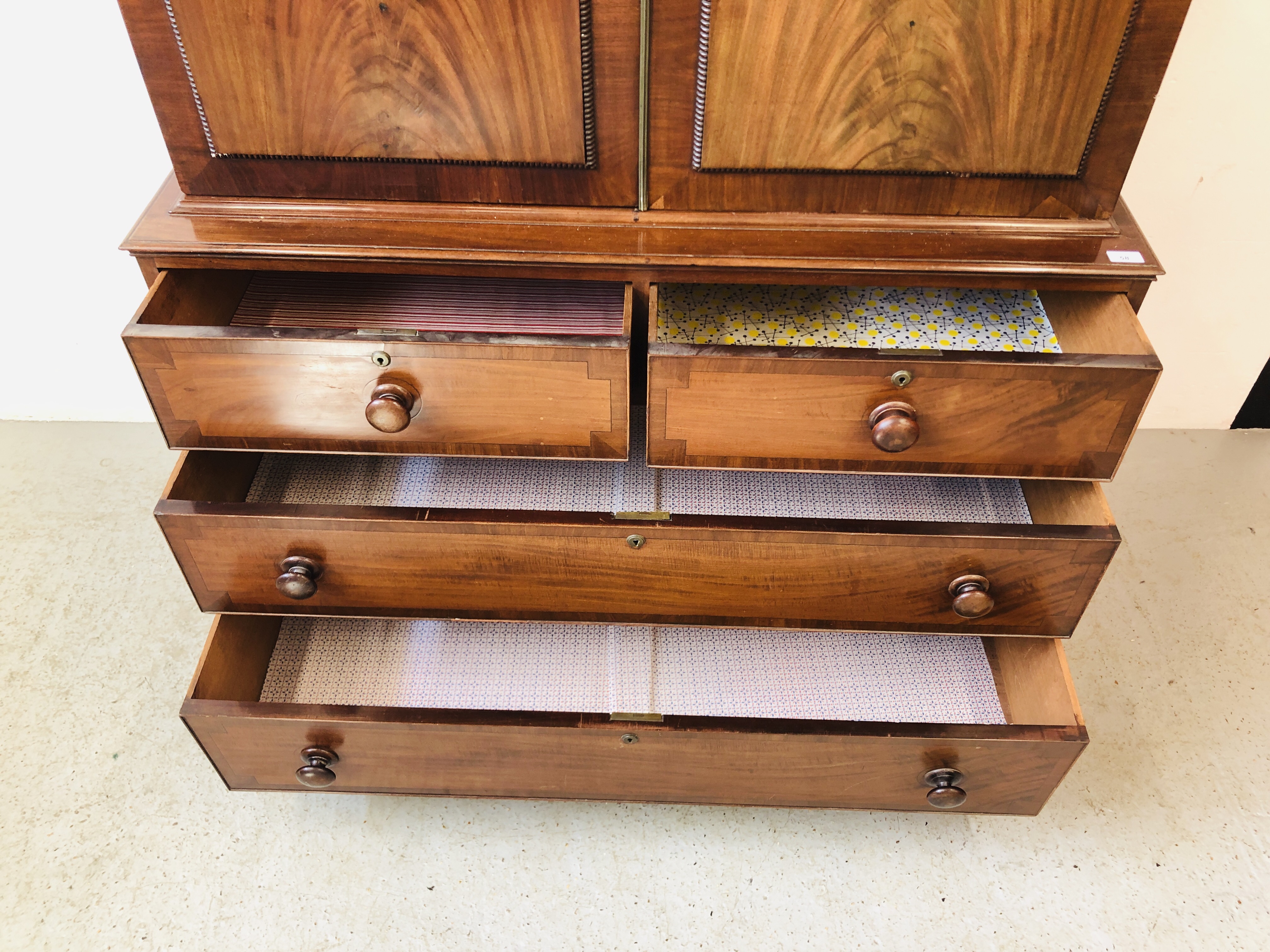 VICTORIAN MAHOGANY LINEN PRESS WITH TURNED HANDLES, BEADED DETAIL TO DOORS W 124CM, D 56CM, - Image 4 of 12