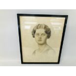 VINTAGE FRAMED PENCIL PORTRAIT - INDISTINCT SIGNATURE - H 36½ X W 29CM