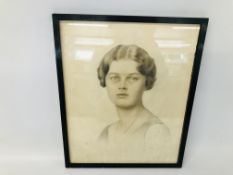 VINTAGE FRAMED PENCIL PORTRAIT - INDISTINCT SIGNATURE - H 36½ X W 29CM