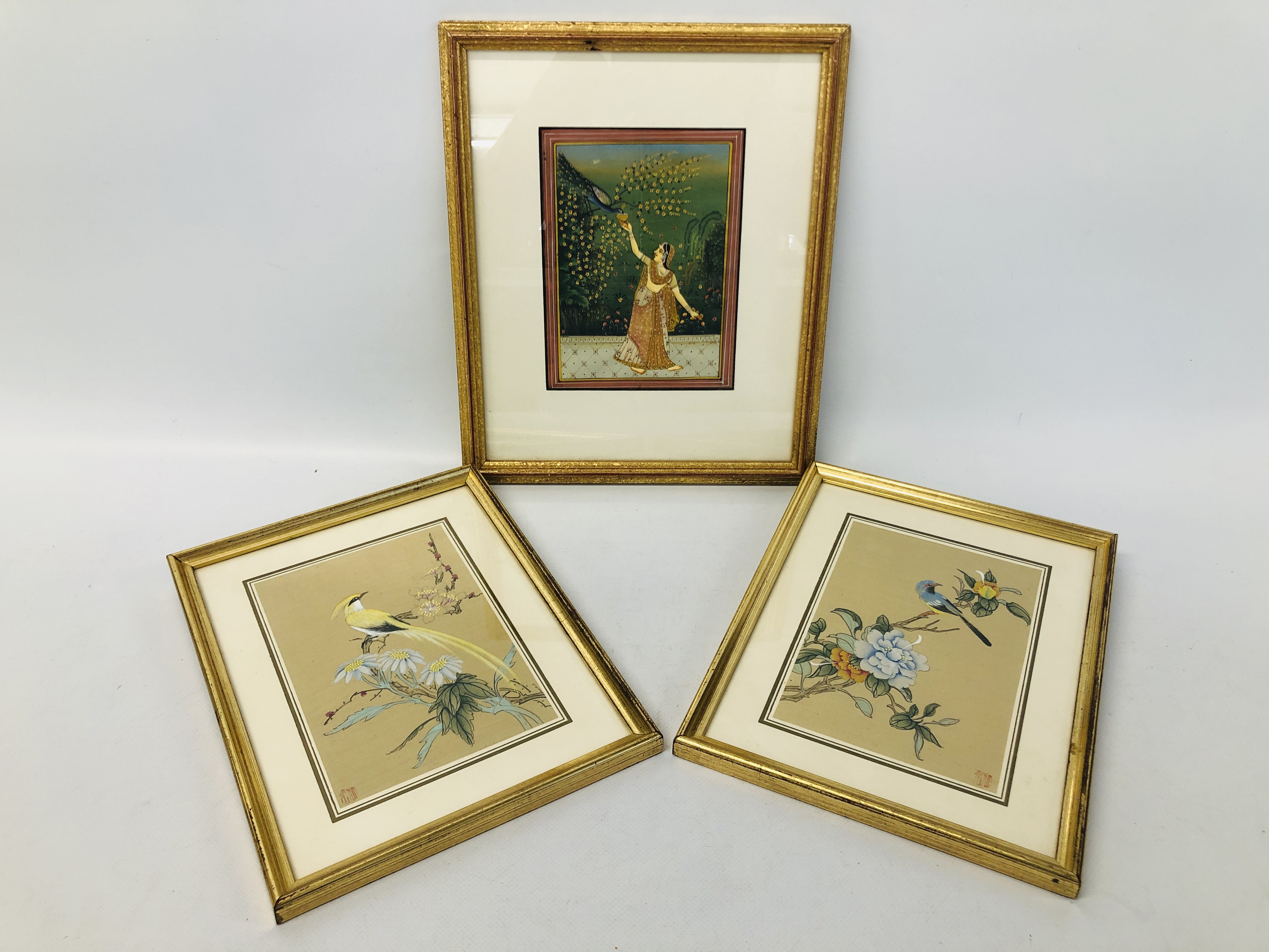 FRAMED INDIAN SCHOOL MUGHAL H 17CM X W 13CM WITH A PAIR OF FRAMED CHINESE HANDPAINTED SILKS "EXOTIC