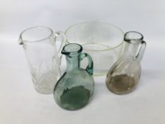 2 X VINTAGE GLASS JUGS ALONG WITH A GLASS JUG AND LARGE CLEAR GLASS BOWL