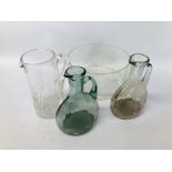 2 X VINTAGE GLASS JUGS ALONG WITH A GLASS JUG AND LARGE CLEAR GLASS BOWL