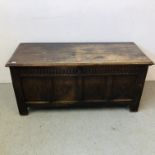 VINTAGE HEAVY OAK COFFER WITH LINEN FOLD DETAIL (KEY WITH AUCTIONEER) W 144CM, H 66CM,
