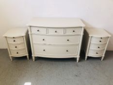 A JOHN LEWIS IVYBRIDGE 3 OVER 2 BOW FRONT CHEST OF DRAWERS ALONG WITH A PAIR OF MATCHING BEDSIDE