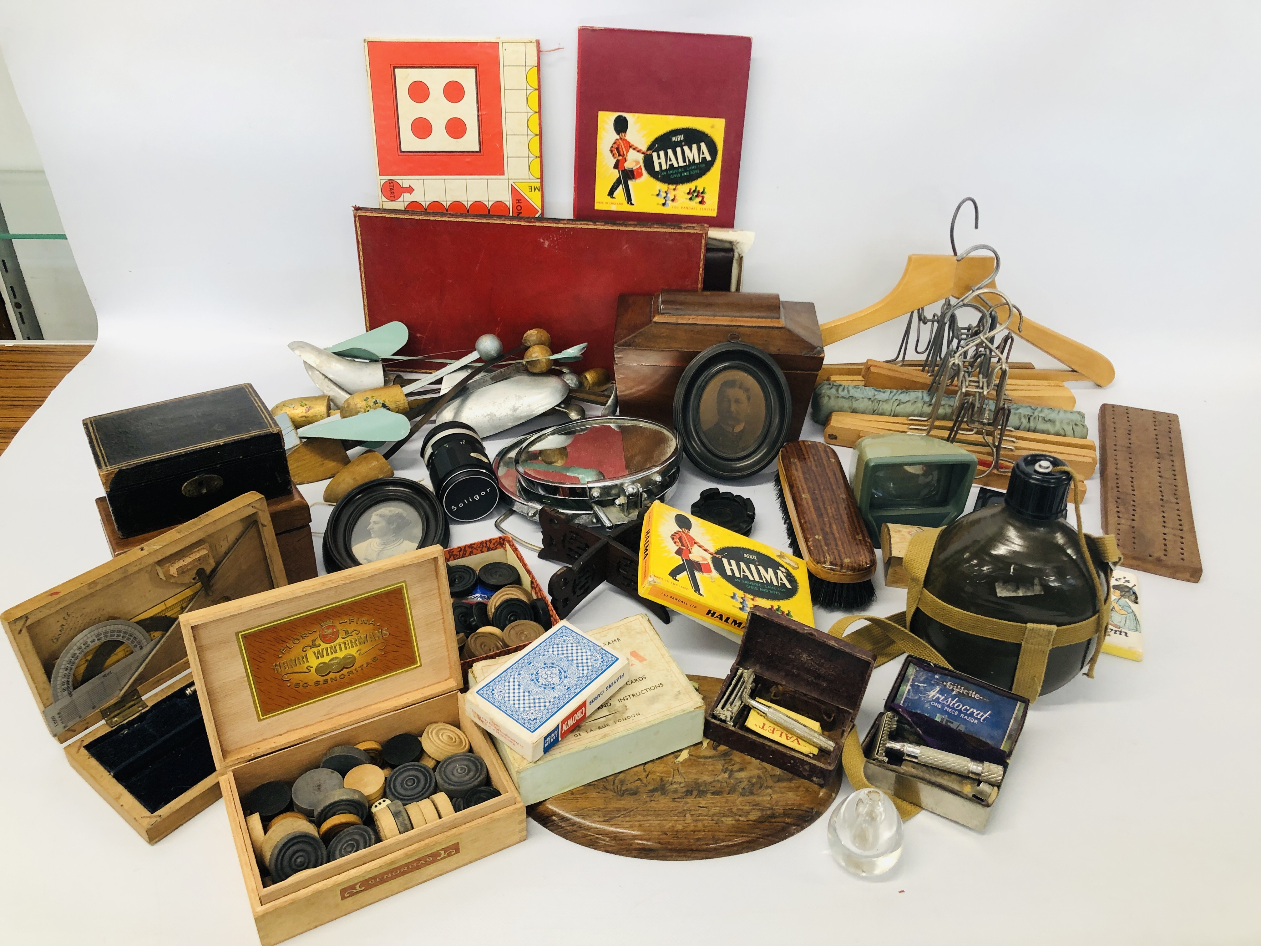 BOX OF ASSORTED VINTAGE COLLECTABLE'S TO INCLUDE MAHOGANY TEA CADDY, GAMES MIRRORS, HANGERS,