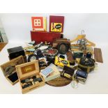 BOX OF ASSORTED VINTAGE COLLECTABLE'S TO INCLUDE MAHOGANY TEA CADDY, GAMES MIRRORS, HANGERS,