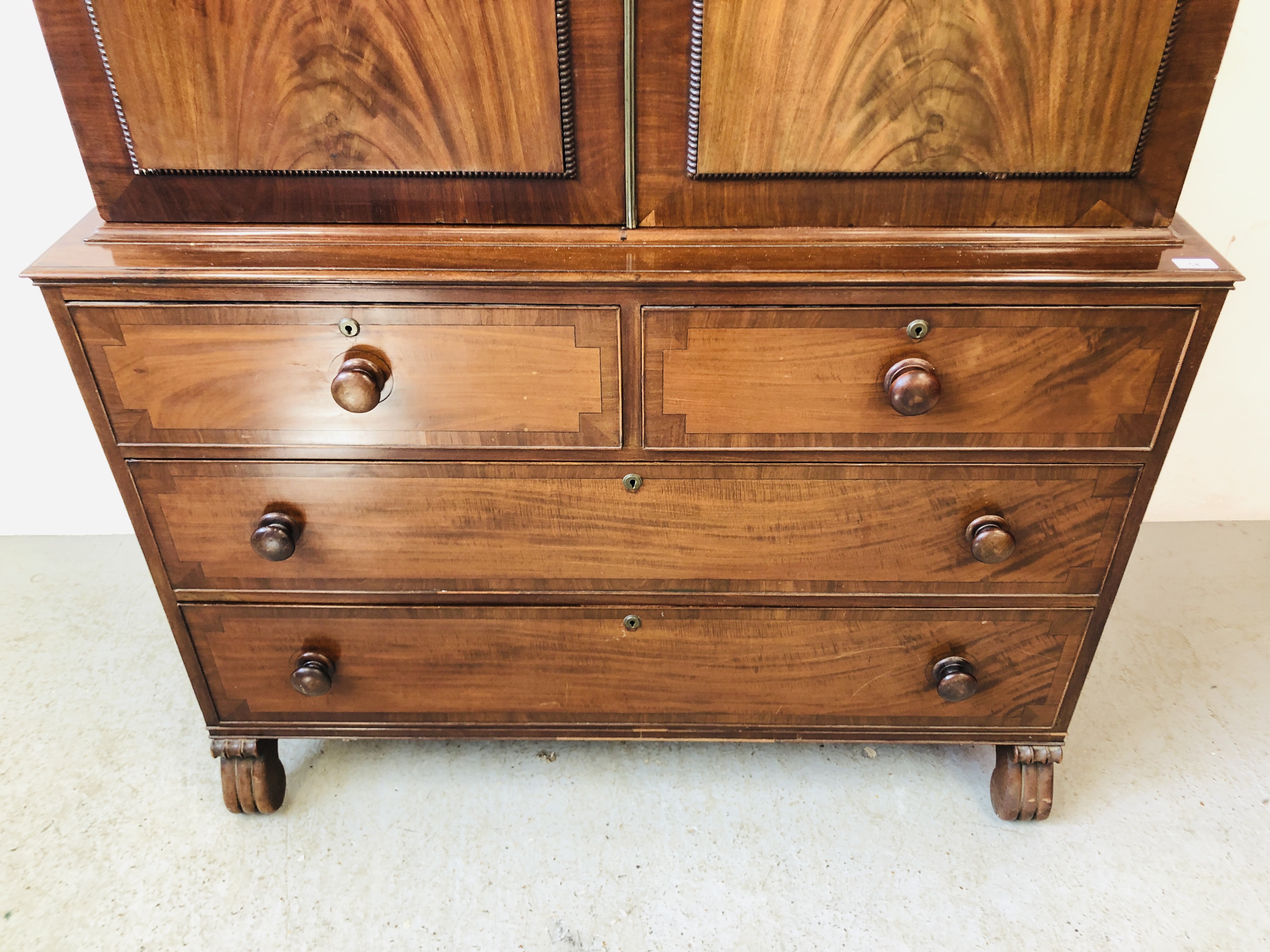 VICTORIAN MAHOGANY LINEN PRESS WITH TURNED HANDLES, BEADED DETAIL TO DOORS W 124CM, D 56CM, - Image 3 of 12