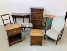 REPRODUCTION 8 DRAWER NARROW CHEST, OAK COMMODE WITH CERAMIC LINER,