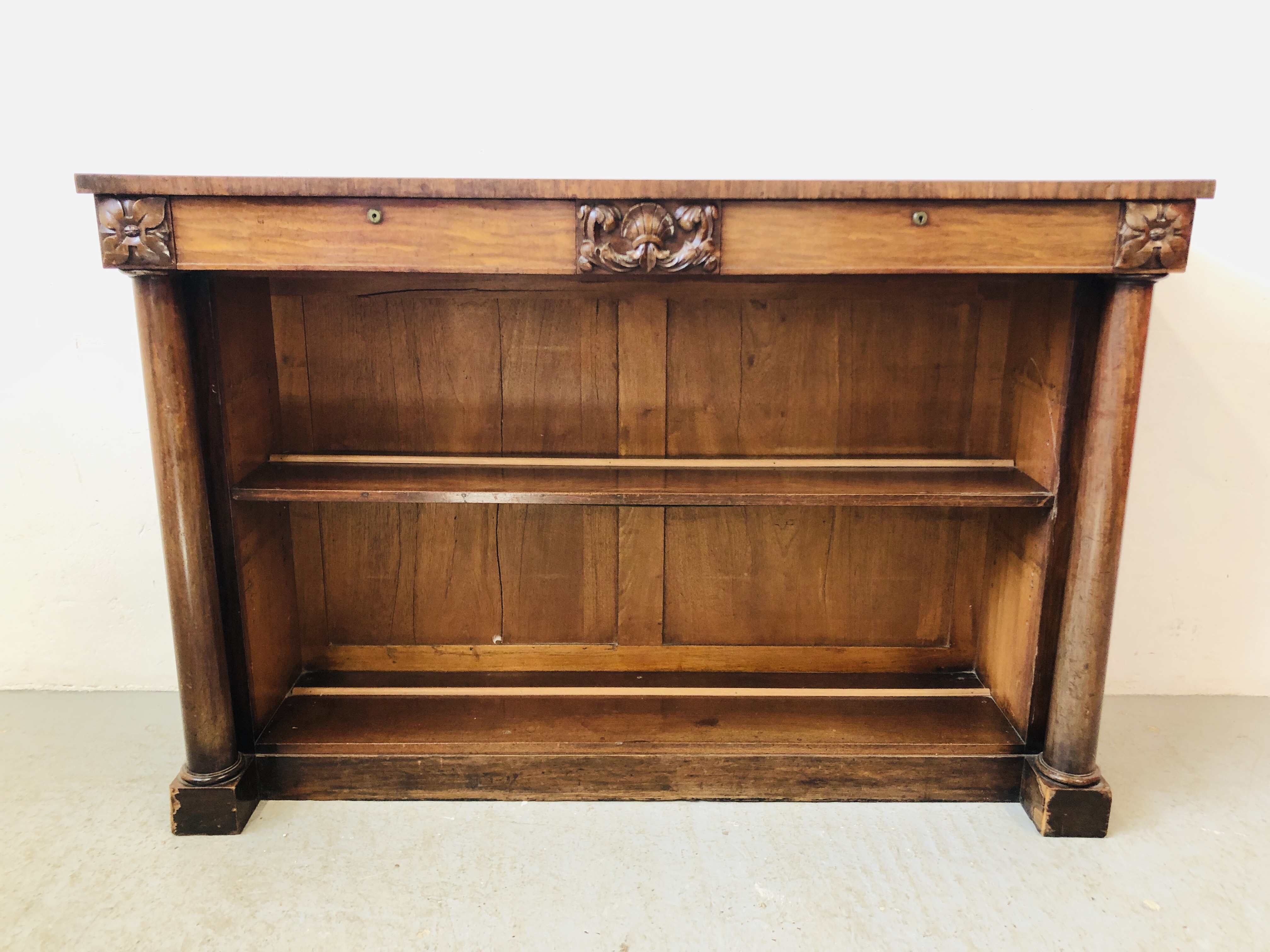 PERIOD MAHOGANY 2 DRAWER BOOKCASE WITH COLUMN SUPPORTS, CENTRAL CREST (SOME LOSES) W 137CM, H 92CM, - Image 2 of 8