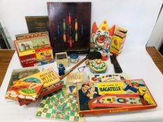 BOX OF ASSORTED VINTAGE TOYS AND GAMES TO INCLUDE BAGATELLE, SHOC, TAIL-LESS DONKEY,