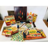 BOX OF ASSORTED VINTAGE TOYS AND GAMES TO INCLUDE BAGATELLE, SHOC, TAIL-LESS DONKEY,