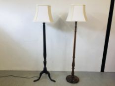 2 X MAHOGANY LAMP STANDARDS ONE STANDING ON TRIPOD BASE WITH REEDED SUPPORT THE OTHER TURNED - SOLD