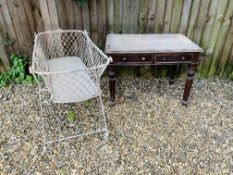 VICTORIAN MAHOGANY LADY'S WRITING DESK ALONG WITH A VINTAGE METAL CHILDS COT (COLLECTORS ITEM ONLY)