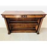 PERIOD MAHOGANY 2 DRAWER BOOKCASE WITH COLUMN SUPPORTS, CENTRAL CREST (SOME LOSES) W 137CM, H 92CM,
