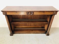 PERIOD MAHOGANY 2 DRAWER BOOKCASE WITH COLUMN SUPPORTS, CENTRAL CREST (SOME LOSES) W 137CM, H 92CM,