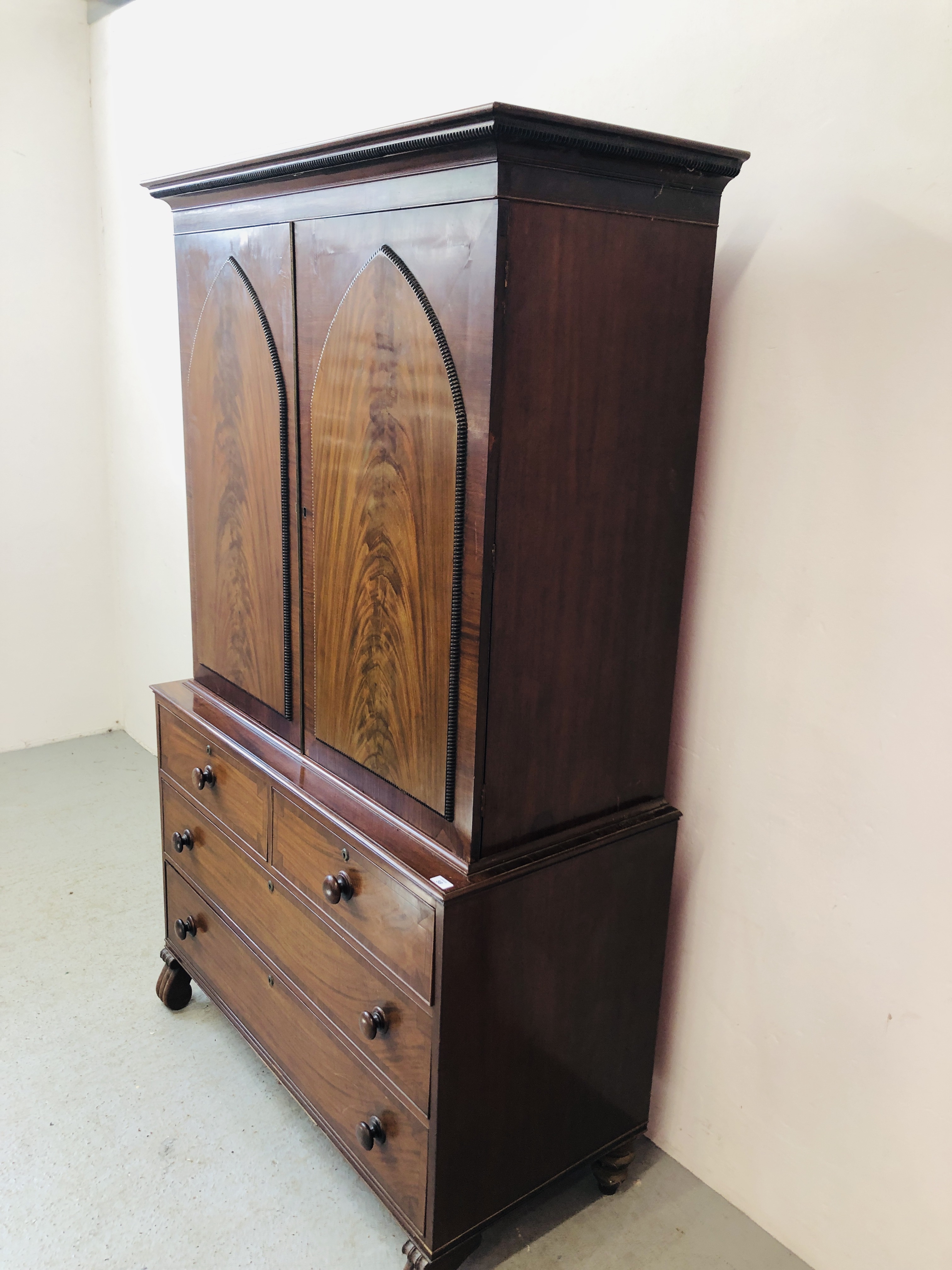 VICTORIAN MAHOGANY LINEN PRESS WITH TURNED HANDLES, BEADED DETAIL TO DOORS W 124CM, D 56CM, - Image 6 of 12