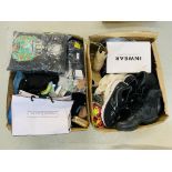 TWO BOXES CONTAINING MAINLY AS NEW CLOTHING, FOOTWEAR AND BAGS TO INCLUDE WHITE STUFF SKIRT,