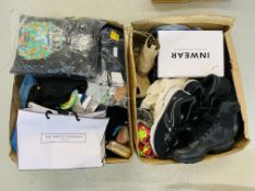 TWO BOXES CONTAINING MAINLY AS NEW CLOTHING, FOOTWEAR AND BAGS TO INCLUDE WHITE STUFF SKIRT,