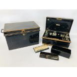 VINTAGE 2 HANDLED DEED/STATIONARY BOX WITH VARIOUS COMPARTMENTS AND GLASS BOTTLES AND MEASURE ALONG