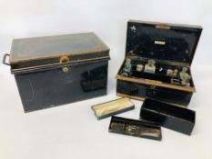 VINTAGE 2 HANDLED DEED/STATIONARY BOX WITH VARIOUS COMPARTMENTS AND GLASS BOTTLES AND MEASURE ALONG