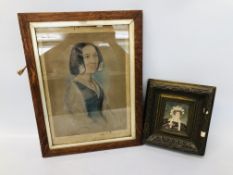 VINTAGE FRAMED PORTRAIT, WATERCOLOUR BEARING INSCRIPTION TO REVERSE H 9 ½ CM,