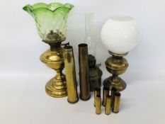 3 X VINTAGE BRASS OIL LAMPS ONE HAVING A GREEN GLASS,
