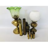 3 X VINTAGE BRASS OIL LAMPS ONE HAVING A GREEN GLASS,