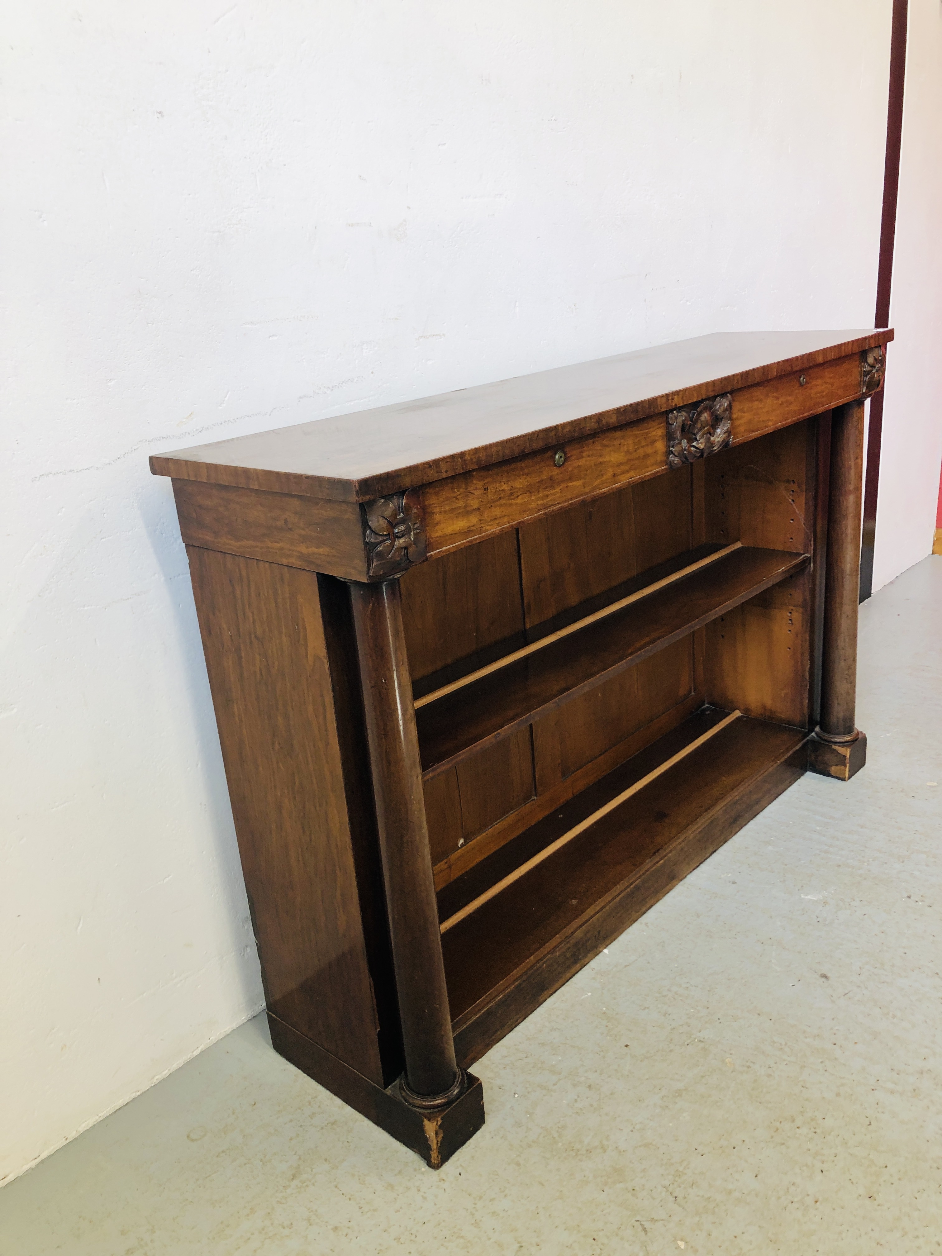 PERIOD MAHOGANY 2 DRAWER BOOKCASE WITH COLUMN SUPPORTS, CENTRAL CREST (SOME LOSES) W 137CM, H 92CM, - Image 5 of 8